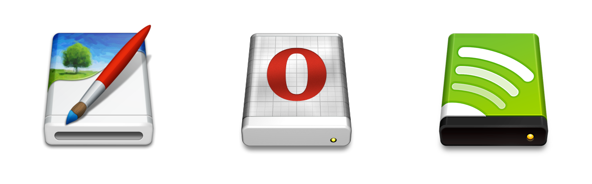.dmg icons for DMG Canvas, Opera and Spotify.