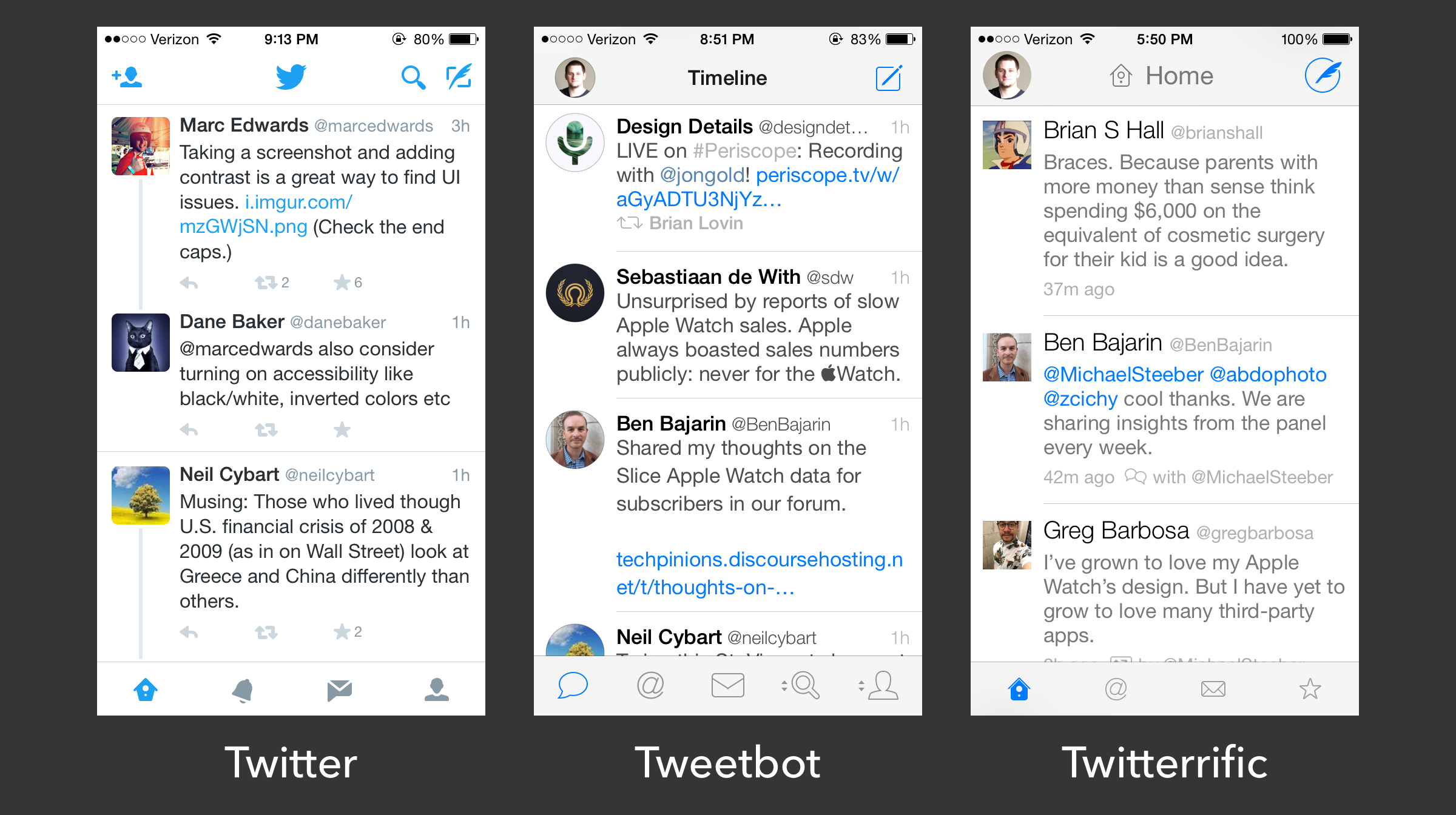 Update 7/7/15: In the months since this article was posted, Twitter has further whitewashed their app. Now one would be hard pressed to tell a significant difference in their design languages.