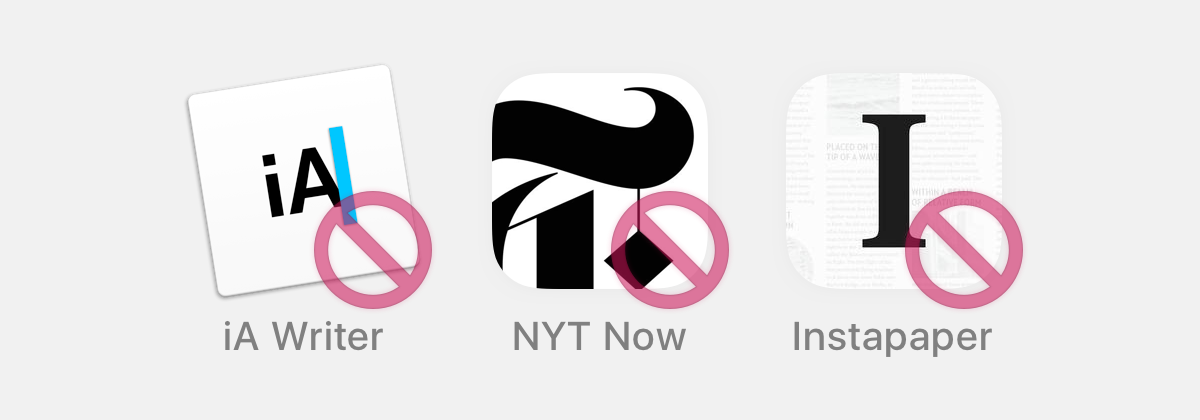 These icons won't remotely qualify for the icon design awards. They may be predominantly black and white, but each comes with their own set of disqualifying elements. iA Writer is adorned with an ostentatious blue cursor bar, NYT Now's cropped mark shows far too much virtuoso technical ability with vector drawing to reach our final round of judging. Similarly, Instapaper features superfluous texturing.