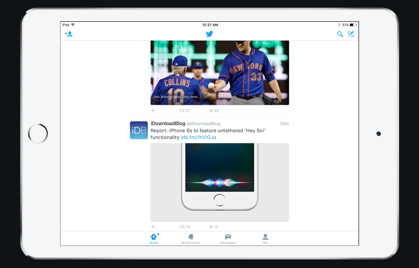 The Twitter for iPad actually looks reminiscent of the old Twitter for Android, set in white. It has tons of useless white space, the very thing that Cook chastised not three years ago. Today in iOS 7, it's a virtue.