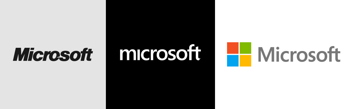 Microsoft's previous logo (left), Kim's Microsoft logo (middle) and the final Microsoft logo.