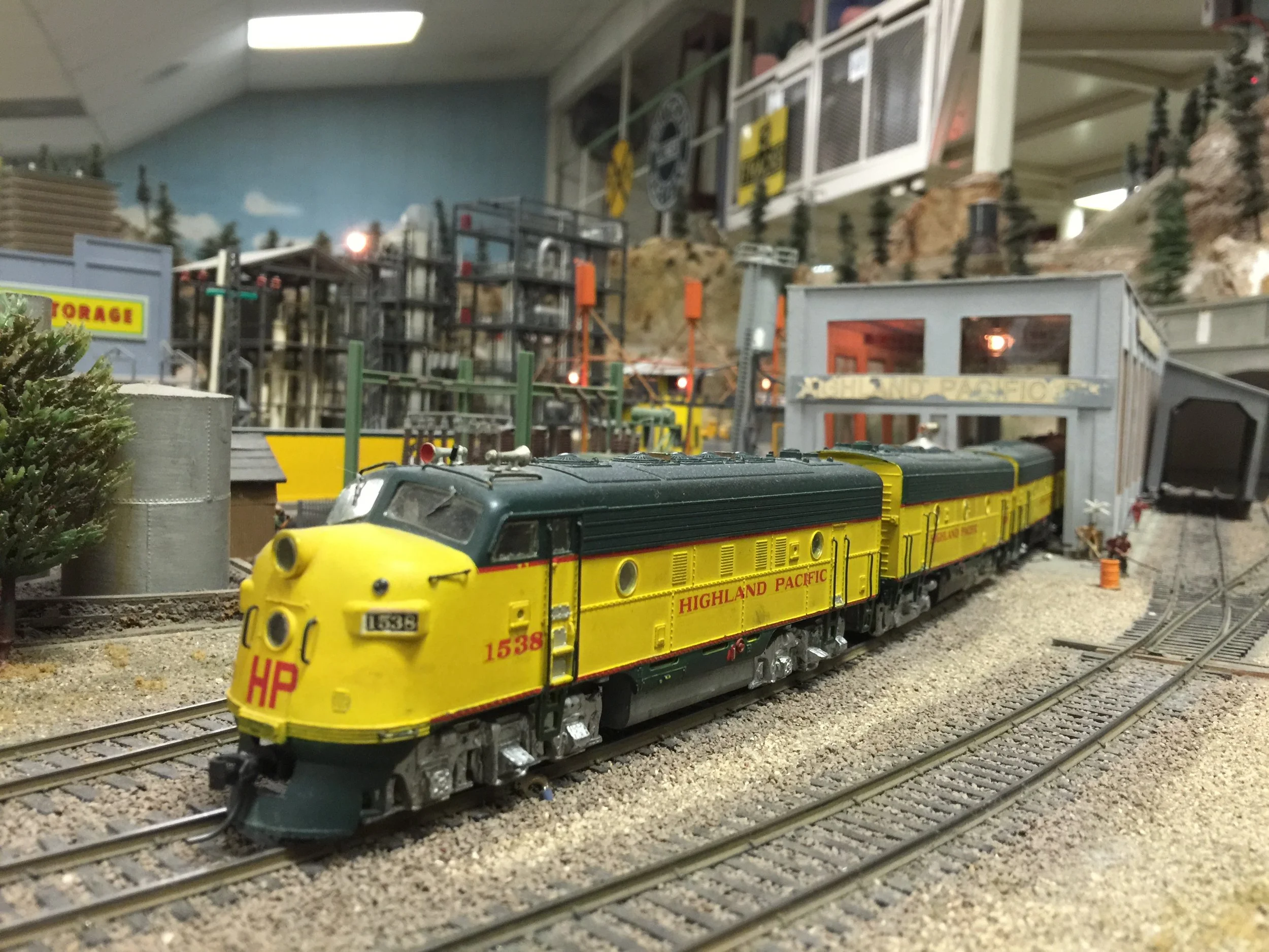 Highland Pacific F7s leave diesel shops