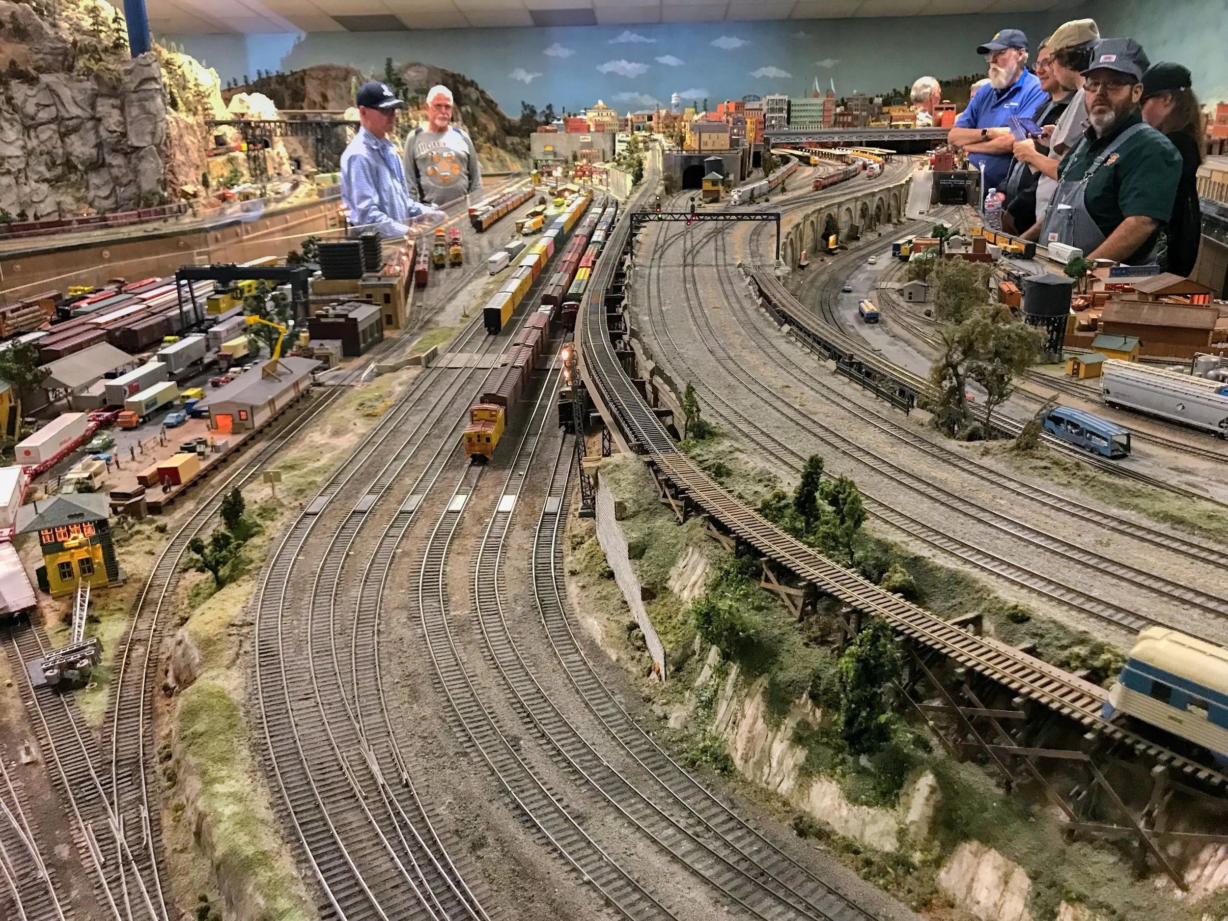 Operating action on the large layout of the Highland Pacific Railroad.