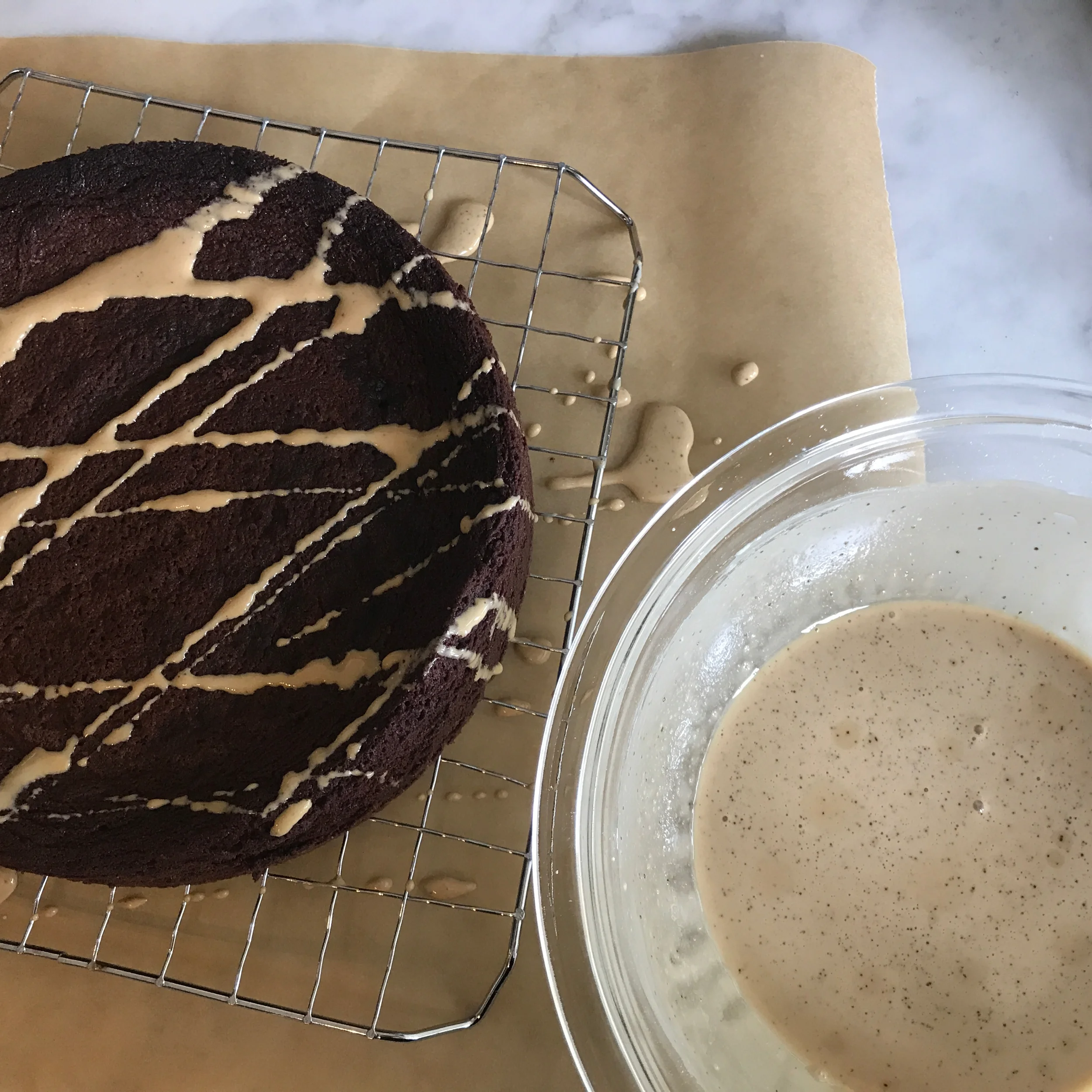 Our Family's Traditional Celebratory Cake, "Norm's" Chocolate Decadence, Shown with Drizzle of Coffee Glaze