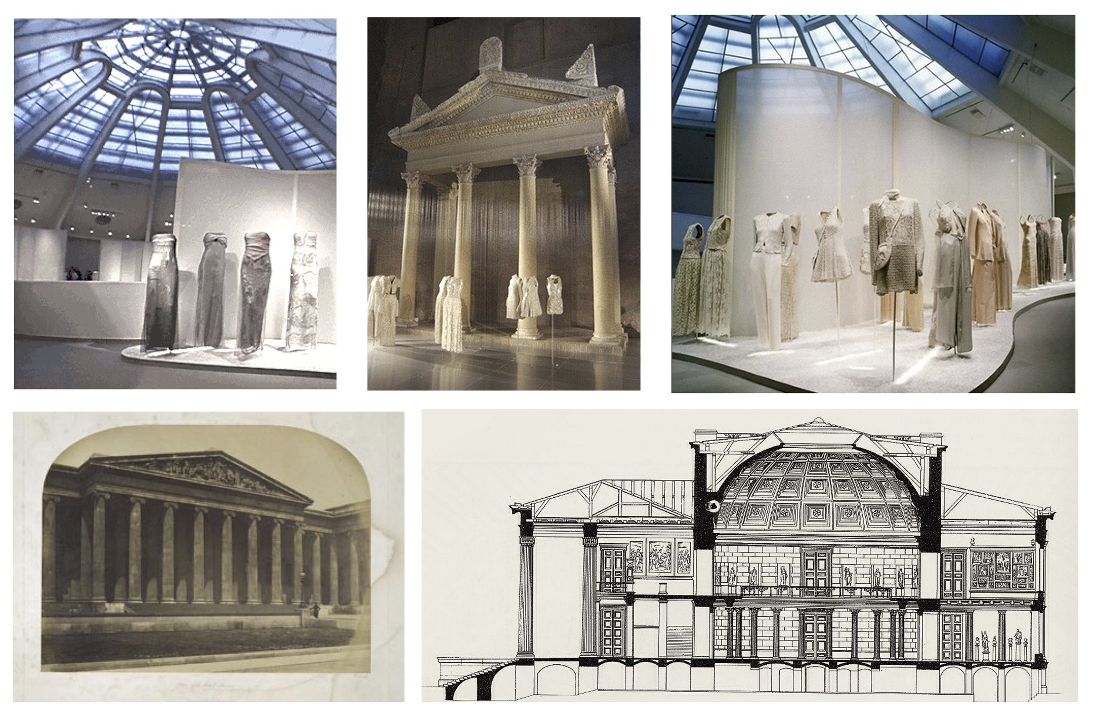 Paula Alaszkiewicz, slide from 'The Labyrinth of Fashion Display,' 2017 Installation views of Giorgio Armani , Guggenheim, 2000 (Top); British Museum, c. 1859-1859 (Bottom Left); Section of Altes Museum, designed 1830 (Bottom Right)