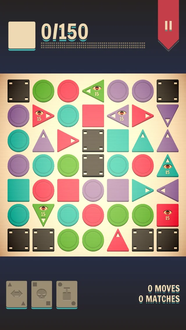 This is level S, where things have moved up a notch. Or twenty.The dark grey tiles never leave the playing field and I would start by popping the red circle on the right, in between all those blues. 