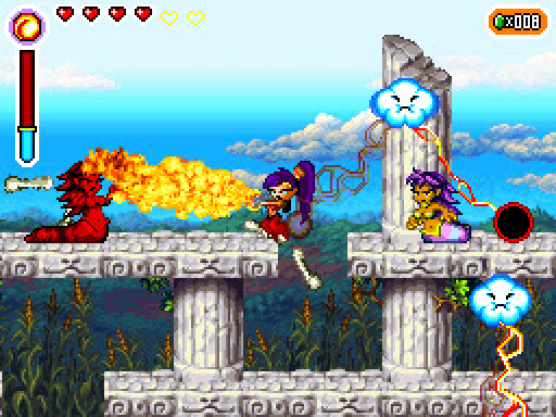 Shantae looks bored, shooting insane amounts of fire from her fingertips. We've all been there.
