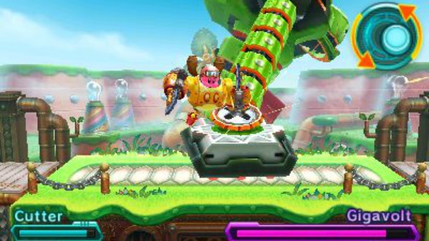 Taking down an early boss... Kirby and the Robobot Armour! Incidentally, that's the name of my Nintendo covers band. We play a mean Mute City. 