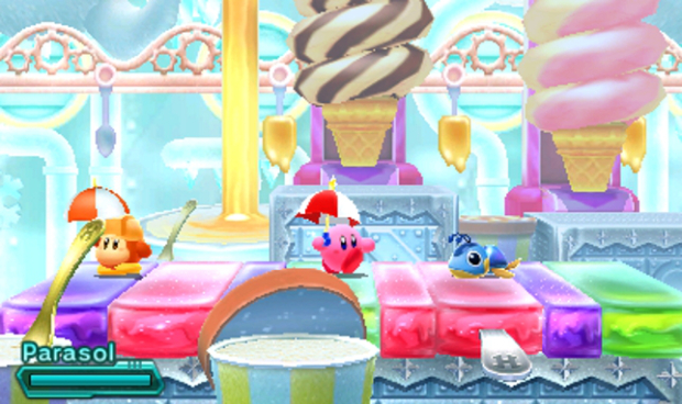 Kirby, the parasol star, takes a walk across some ice lollies. Avoiding the sun and staying cool?! You da man, Kirb - you da man.