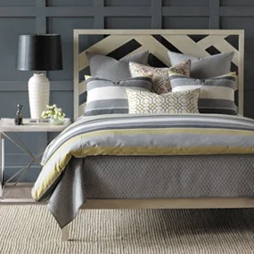 We loved the bedding and decorative pillows we saw at Eastern Accents. This is Wainscott in Citron from designer Thom Felicia’s new luxurious line that brings his imaginative aesthetic to any bedroom.