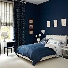 We saw this bedroom on Pinterest, and loved the contrast between the dark blue walls, bedding, and window treatments and the light carpeting and tufted headboard. 
