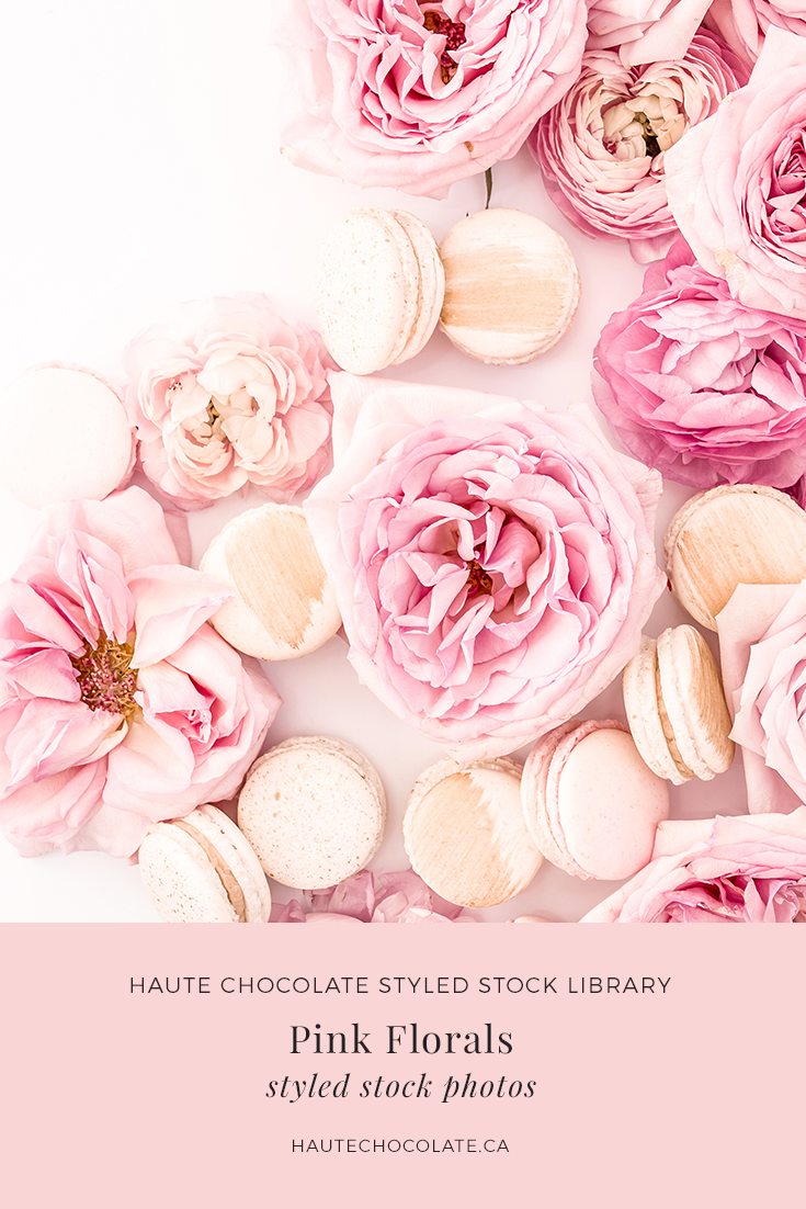 Beautiful pink flowers and gold macarons styled in a flatlay stock photo from the Haute Stock Library