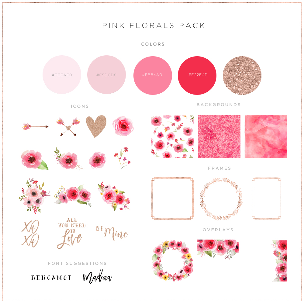 Feminine Pink Brand Color Palette with hints of rose gold glitter and hand painted watercolour florals exclusively from the Haute Stock Library