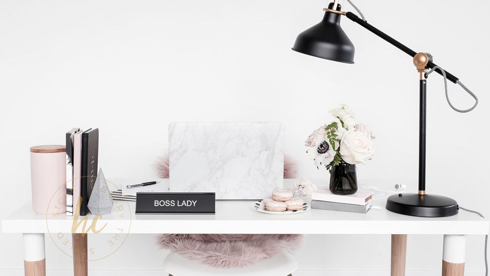 Haute Stock's Muted Blush & Black Collection that features workspace photos.