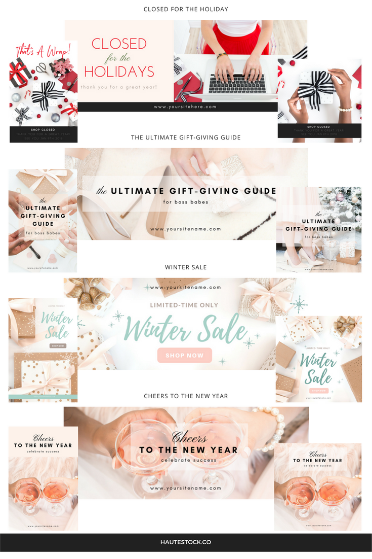 A preview of the professional holiday graphics that you'll learn to make in Haute Stock's Canva tutorial.