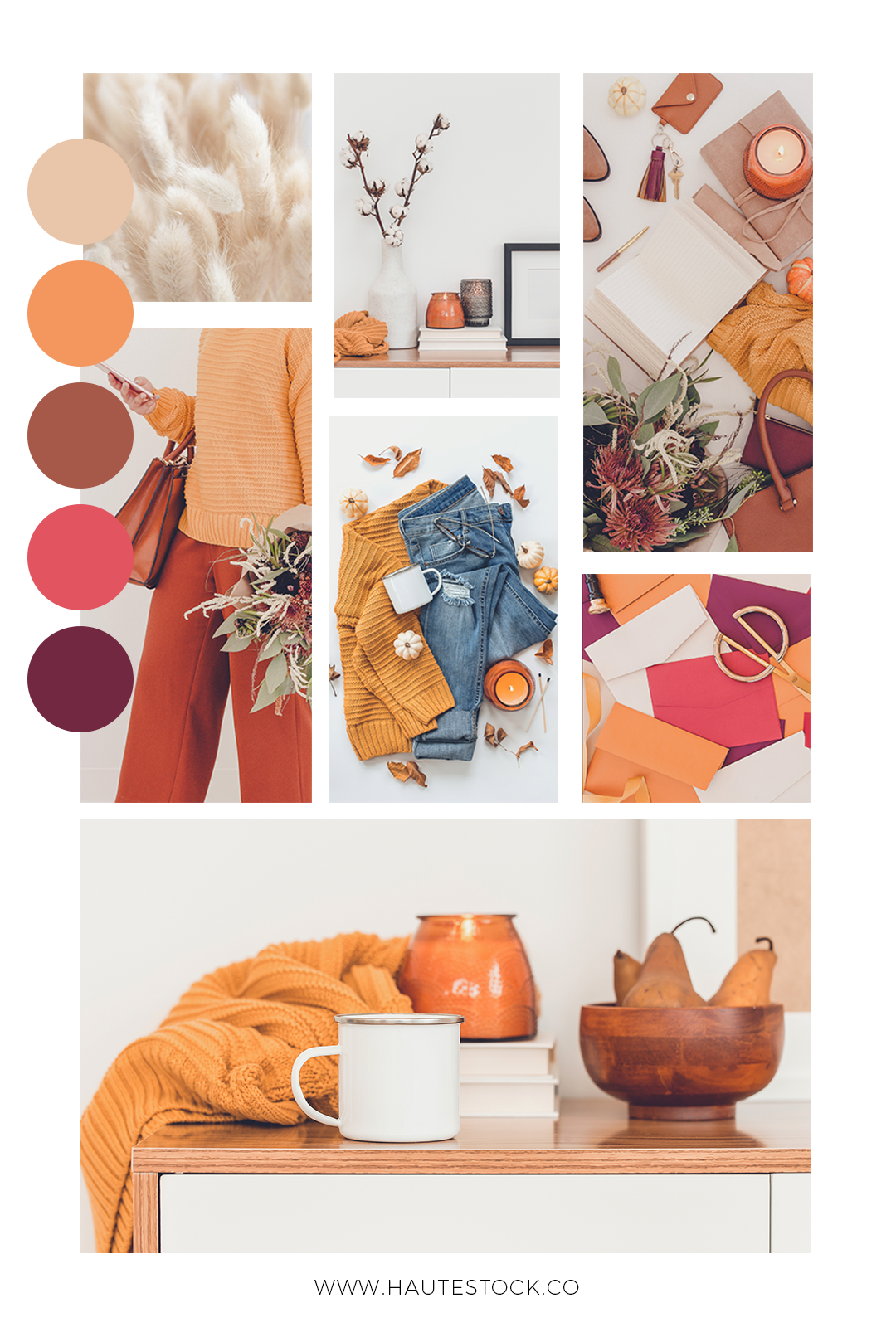 Orange, beige, yellow and plum lifestyle, stationery and mug mockups images for fall for female entrepreneurs.