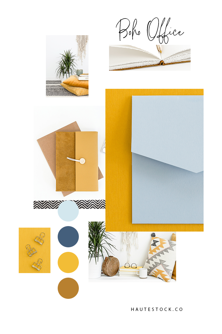 Fresh, modern boho chic workspace and lifestyle styled stock photos by Haute Stock. The Boho Office collection is both artistic and creative, with happy pops of blue, yellow, and green and lots of different textures at play to make it interesting an…