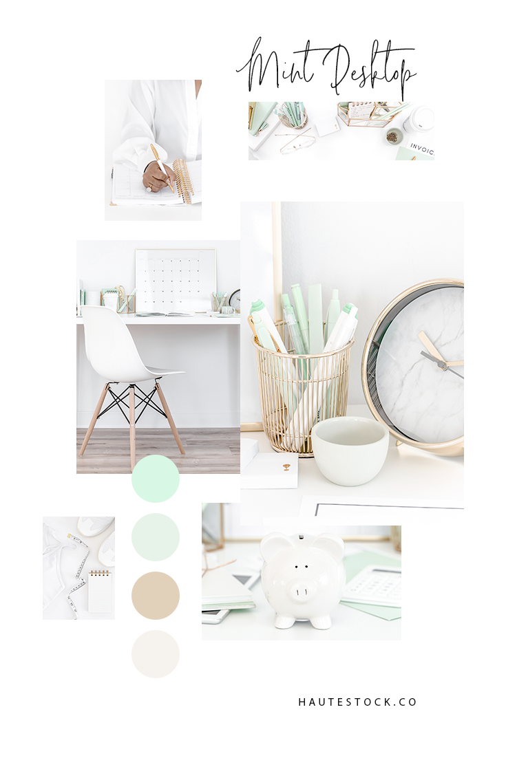 Mint styled desktop images featuring bright and airy lifestyle, finance & workspace images.