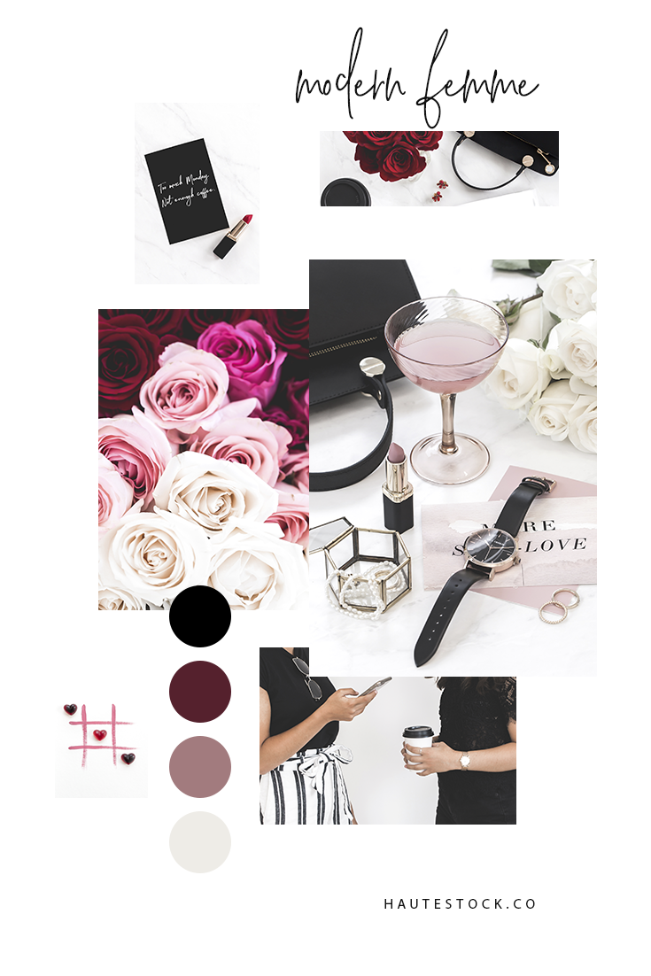 Roses, lipstick, simple jewelry, modern sophisticated fashion - all featured in Haute Stock's new collection: Modern Femme. This collection has a romantic vibe, perfect for your upcoming Valentine's posts but versatile enough for all year round.