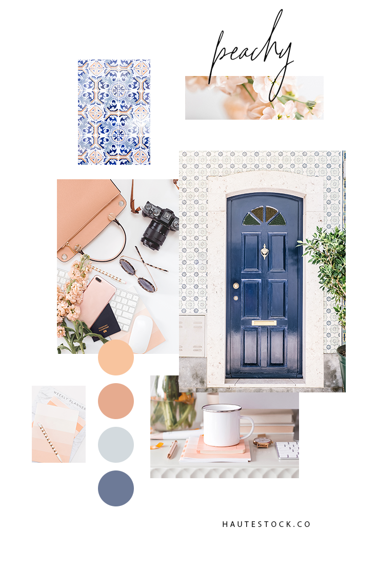 Peach and navy brand mood board from Haute Stock featuring lifestyle, travel and workspace images.