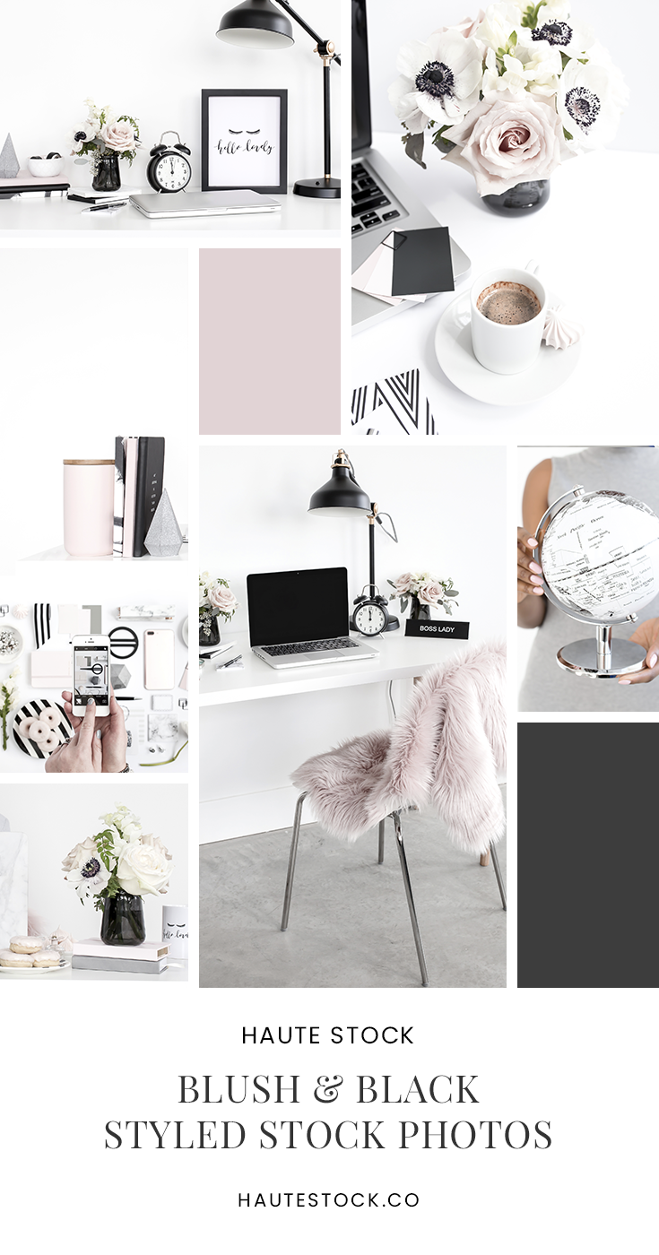 Muted blush and black styled stock photography featuring workspace and styled desktop photos.