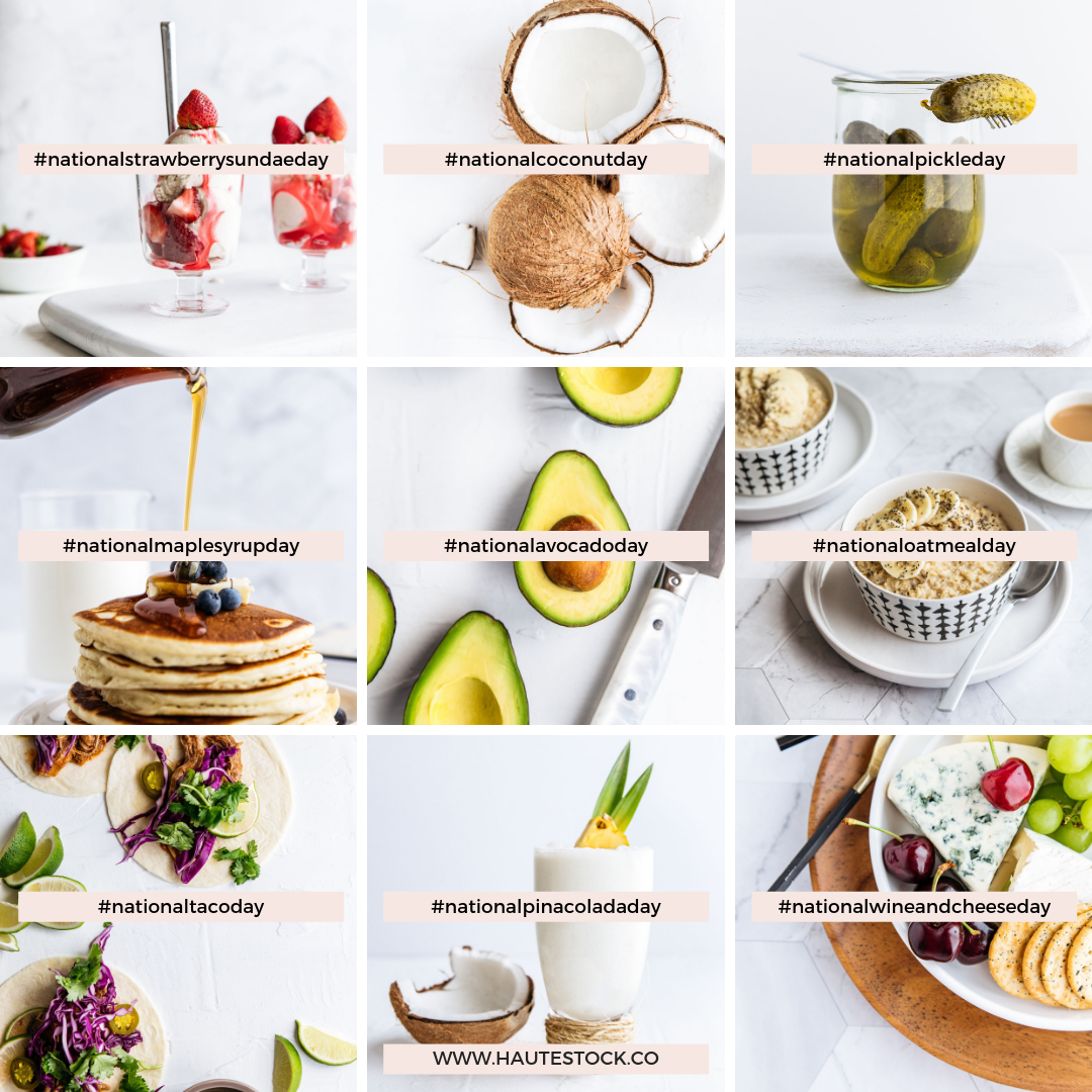 National food holidays are a fun way to post social media content your followers will engage with. Post about national pancake day, national Pina colada day and so much more with this micro-holidays collection from Haute Stock.