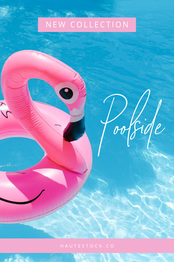 Summer stock photos with a vintage vibe featuring pink flamingo floaties in the pool. Available exclusively for Haute Stock members. Click to view the entire collection!