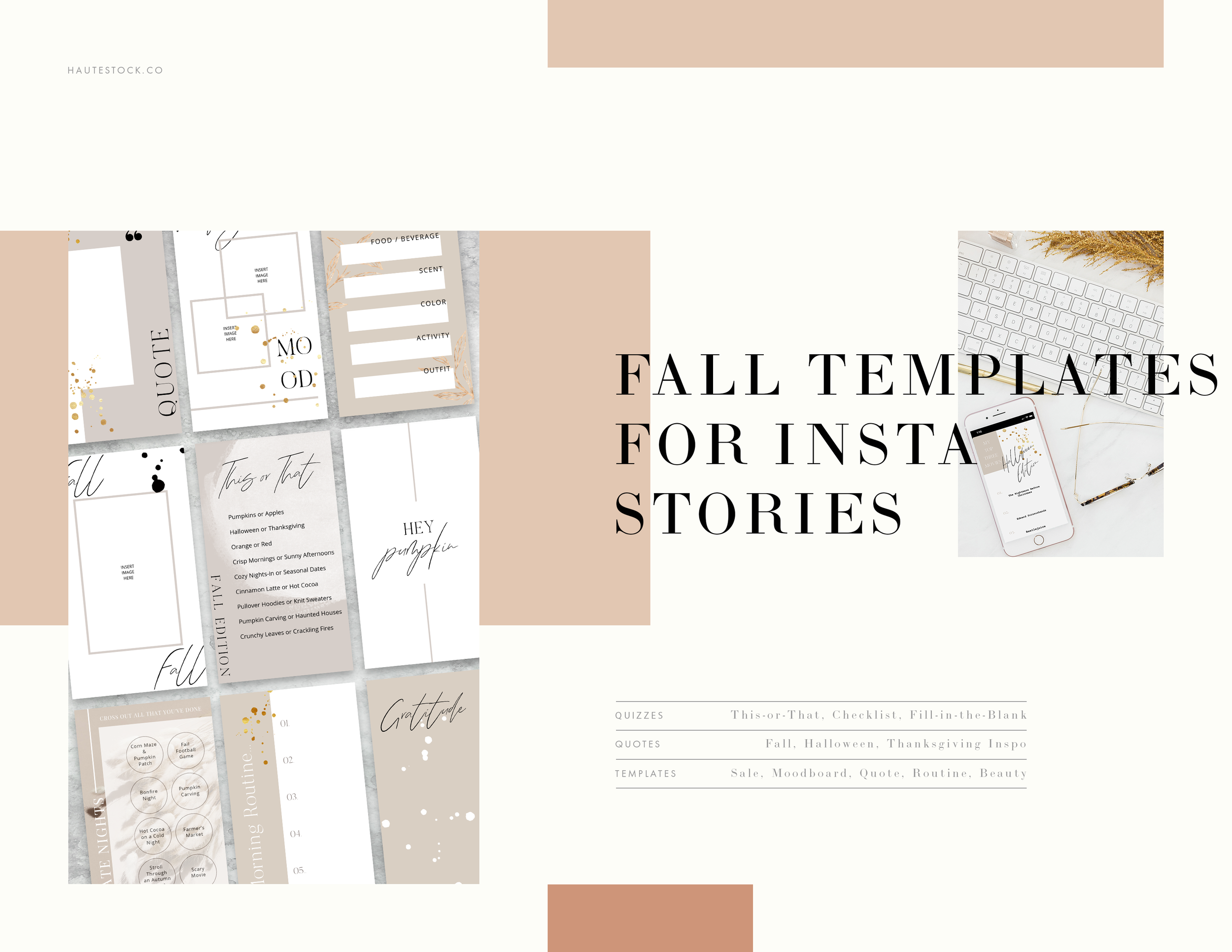 Fall Instagram Stories templates from Haute Stock in autumn colors. This or That Fall Edition, Fall Quotes, Fall Mood board templates and more to post on Instagram Stories. Available exclusively for Haute Stock Members! Post fall templates on your s…