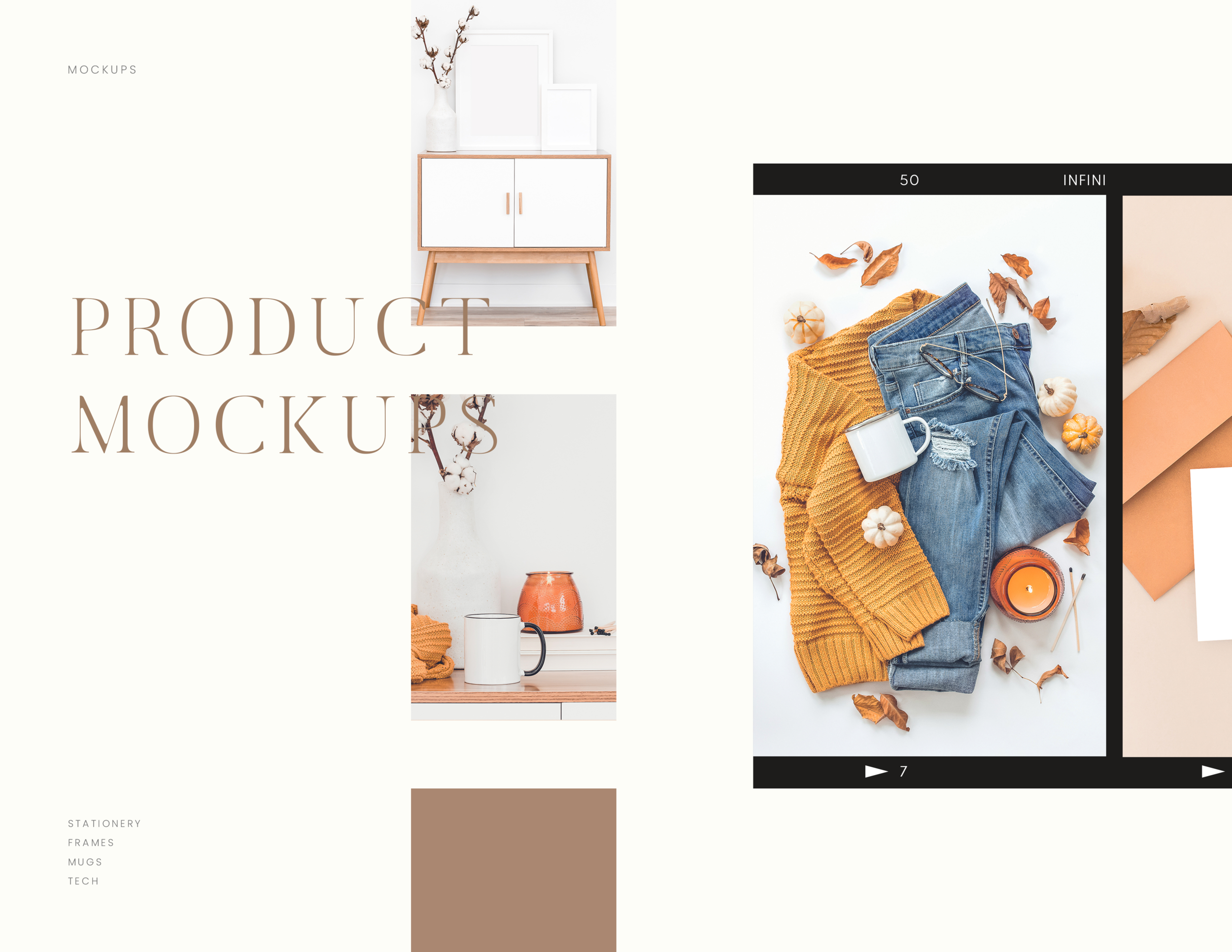 Seasonal Fall product mockup images. Fall mug mockups. Fall stationery mockups. Fall frame mockups. Create product mockups for your business this fall for social media content.