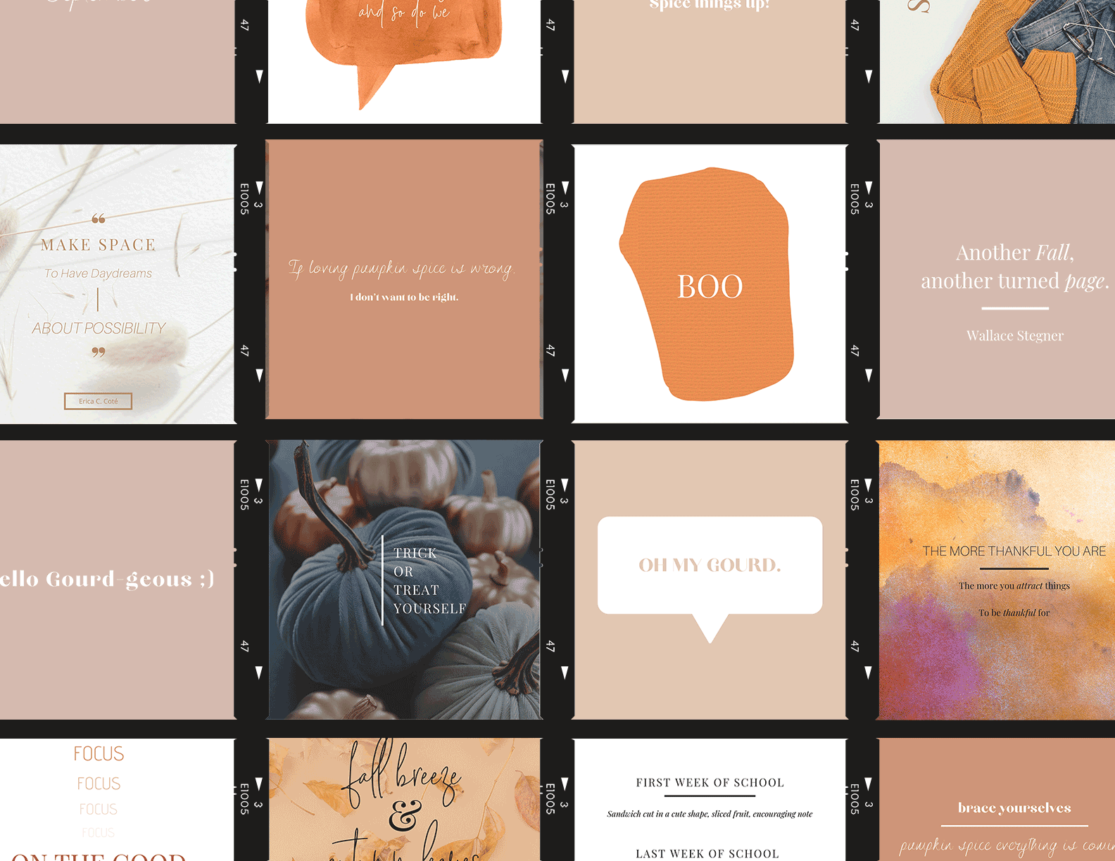 Fall quotes for Social Media in autum colors of beige, peach, tan, pumpkin and burnt orange. Pre-made social media quotes from Haute Stock.