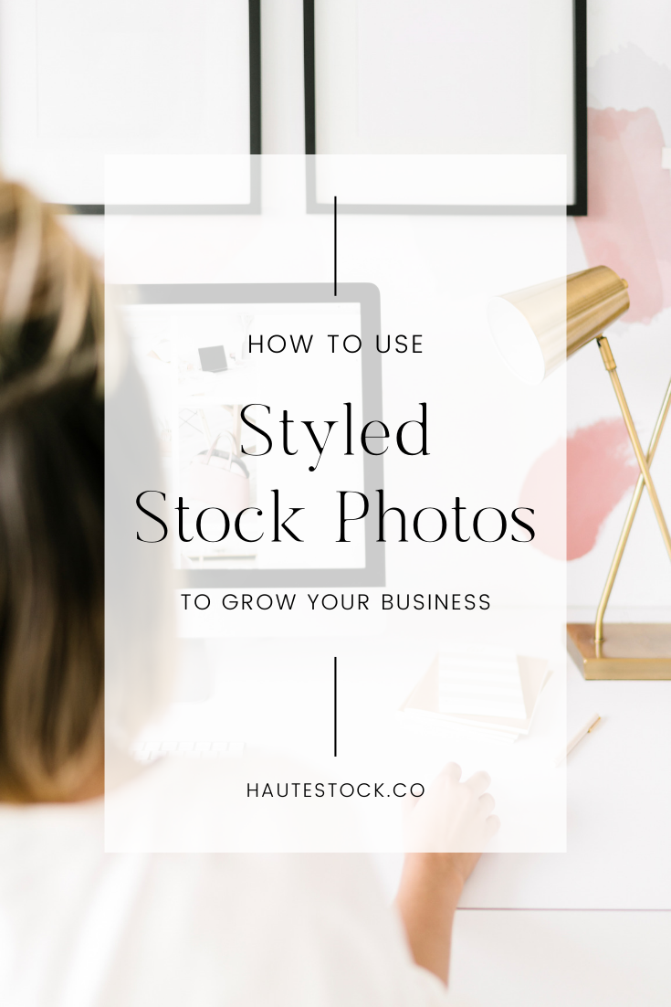 How to use styled stock photos to grow your business. Woman sitting in pink home office working on computer searching for stock photos from the Haute Stock Subscription.