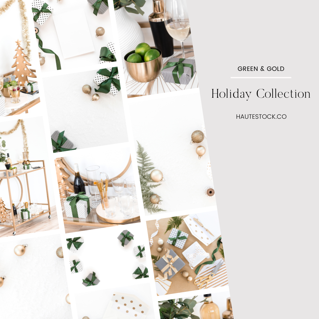 Green & Gold holiday collection feature cocktail and bar cart images, gift wrapping/boxes flatlays, ornamental ball flatlays and other holiday lifestyle images.
