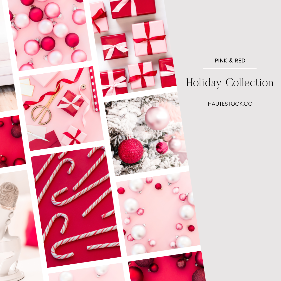 Pink & Red holiday images featuring candy cane and ornamental ball flatlays, gift boxes, Christmas tree, decorating and lifestyle images.