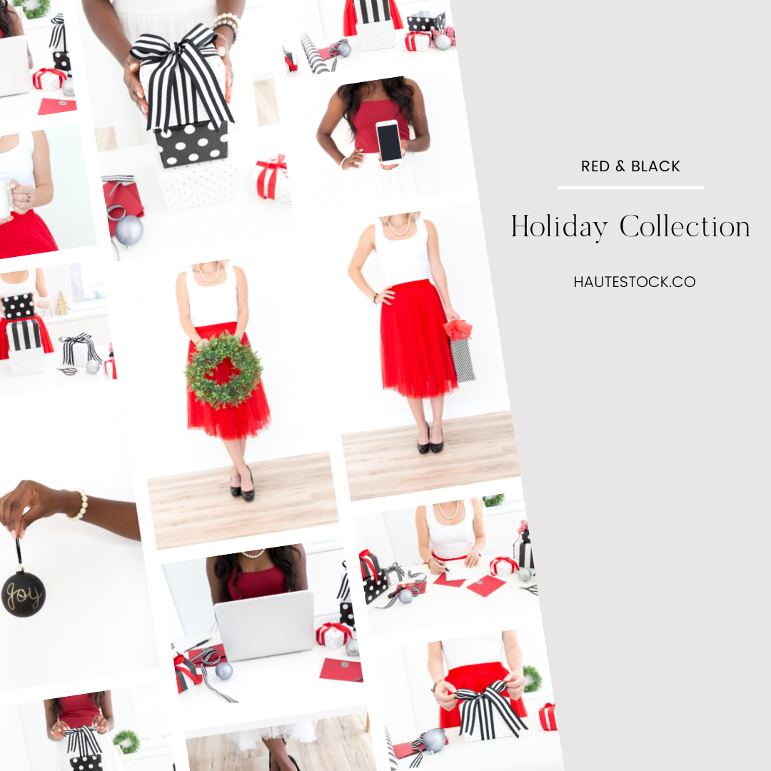 Red & Black holiday collection featuring women holding wreathes, shopping bags, gift boxes, cellphone, ornamental balls, and gift wrapping stations and workspace images.