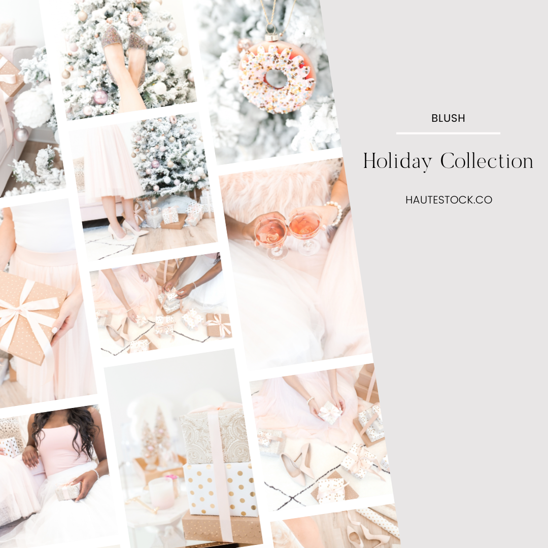 Blush holiday collection featuring soft holiday lifestyle images of women spending time together, drinking, eating, wrapping gifts, celebrating and decorating.