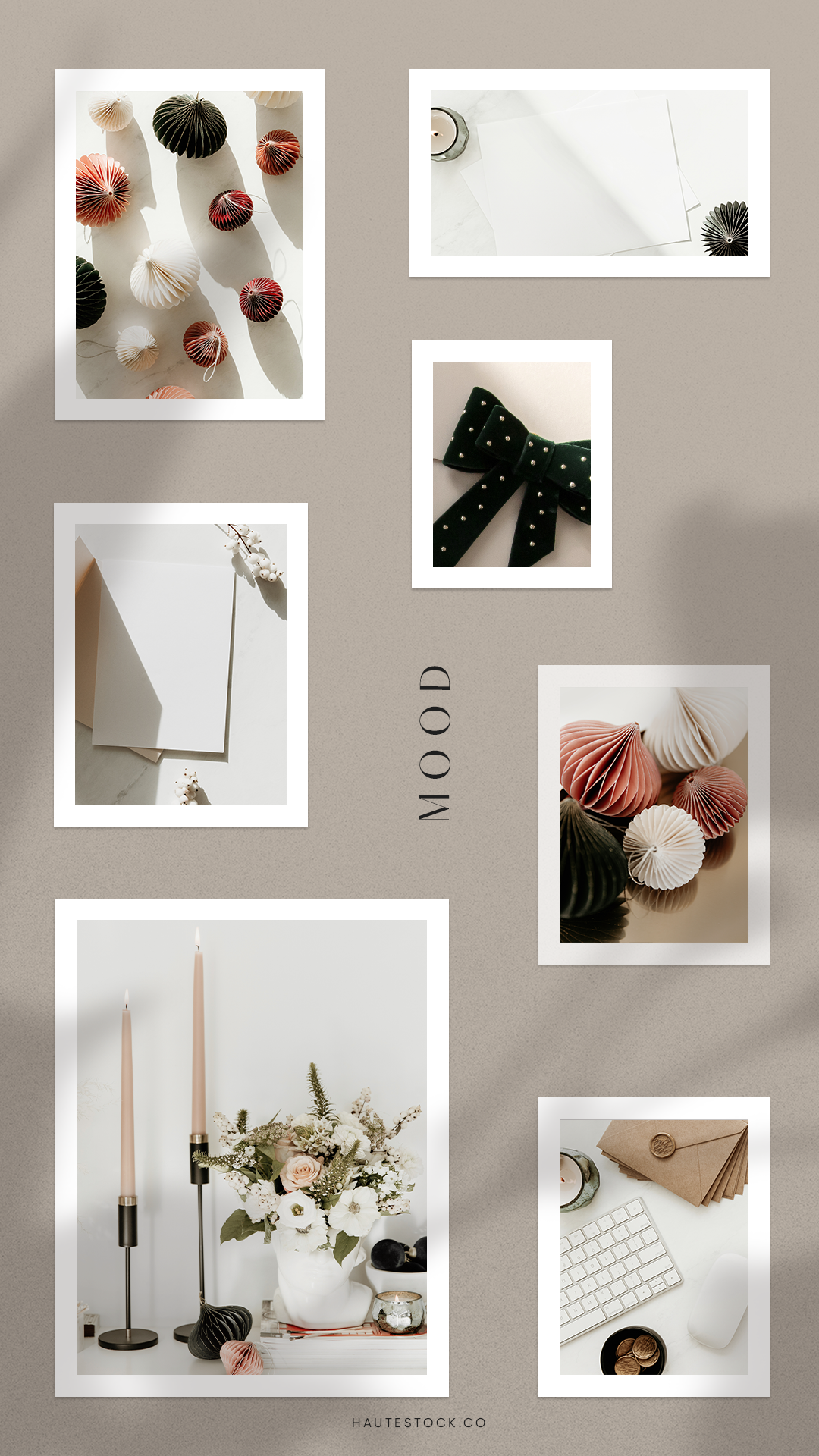 Vintage Holiday Moodboard from Haute Stock. Christmas stock photos in emerald green, dusty rose pink and deep red color palette.