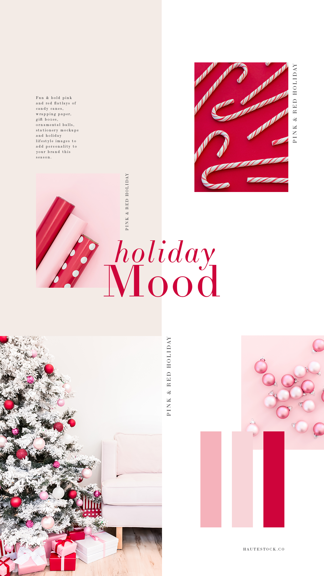 Fun & bold pink and red flatlays of candy canes, wrapping paper, gift boxes, ornamental balls, stationery mockups and holiday lifestyle images to add personality to your brand this season.