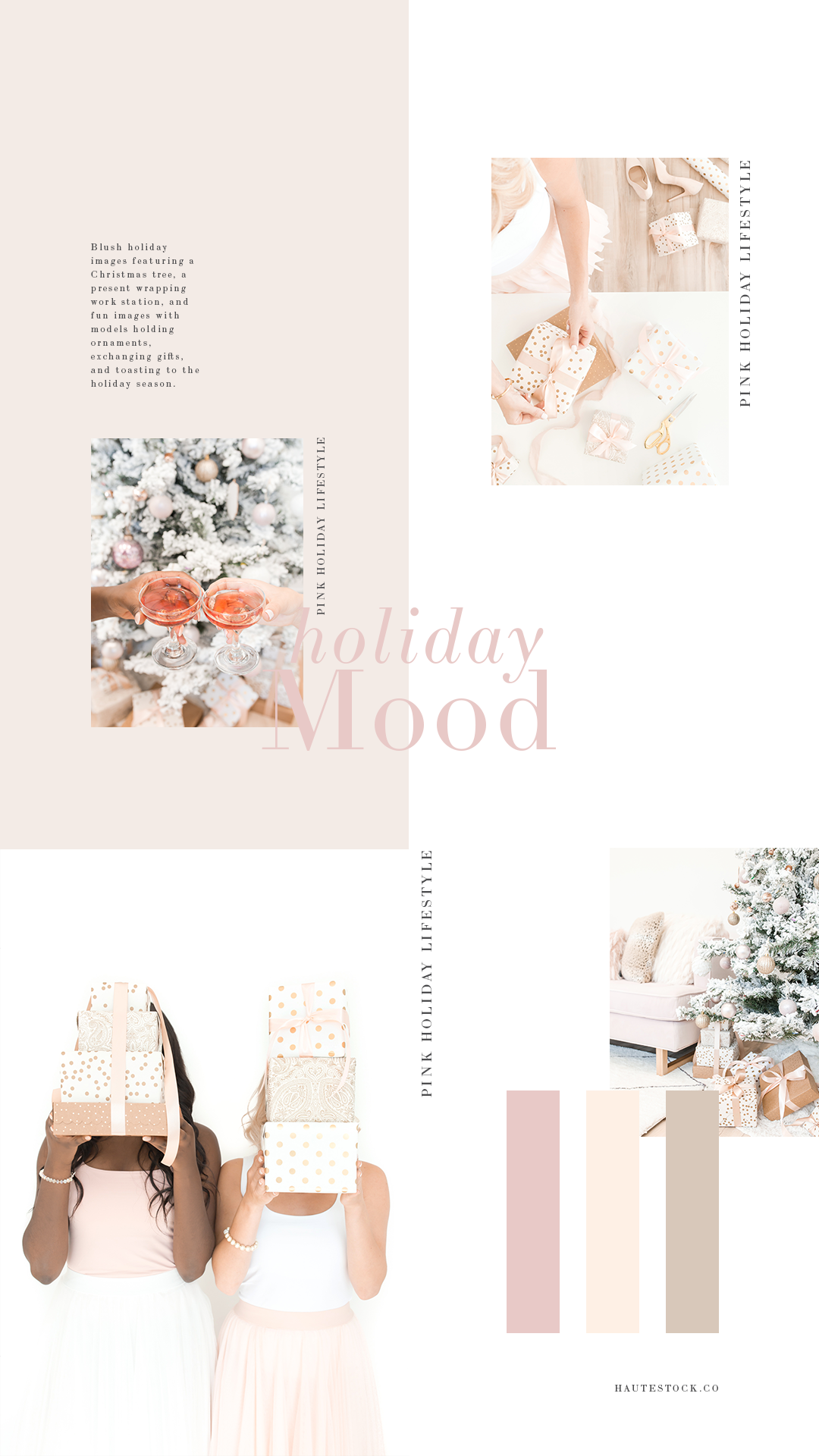 Blush holiday images featuring a Christmas tree, a present wrapping work station, and fun images with models holding ornaments, exchanging gifts, and toasting to the holiday season.