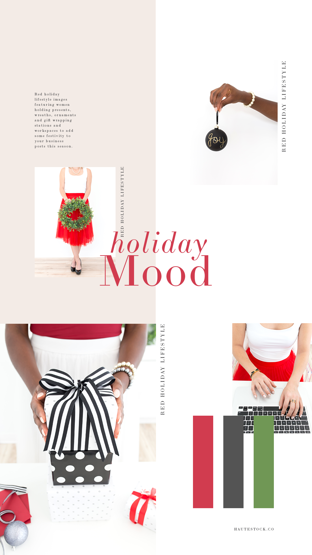 Red holiday lifestyle images featuring women holding presents, wreaths, ornaments and gift wrapping stations and workspaces to add some festivity to your business posts this season.