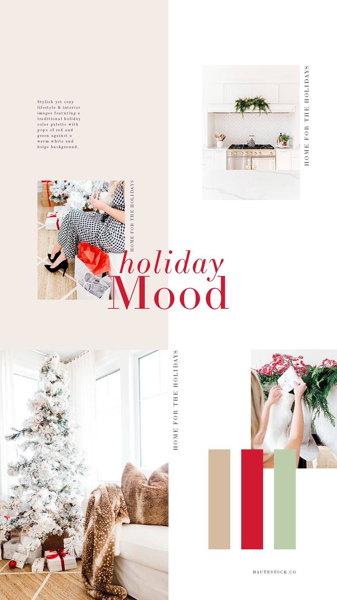 Stylish yet cozy lifestyle & interior images featuring a traditional holiday color palette with pops of red and white against a warm white and beige background.