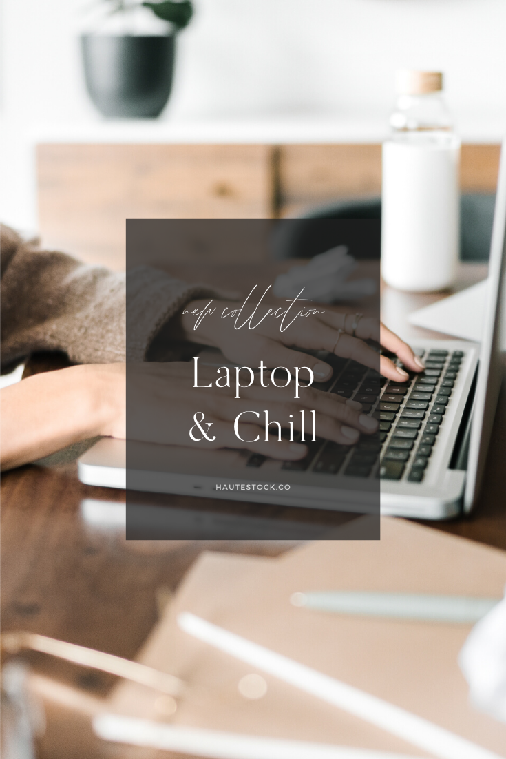 Cozy work from home laptop & chill collection from Haute Stock features a woman working from her modern, boho decorated home in the living room with a laptop, in the kitchen making coffee and in her home office working on her phone and computer. A m…