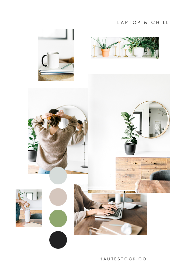 With a branding color palette of green, brown, grey and black, this cozy work from home laptop & chill collection from Haute Stock features a woman working from her modern, boho decorated home in the living room with a laptop, in the kitchen making …