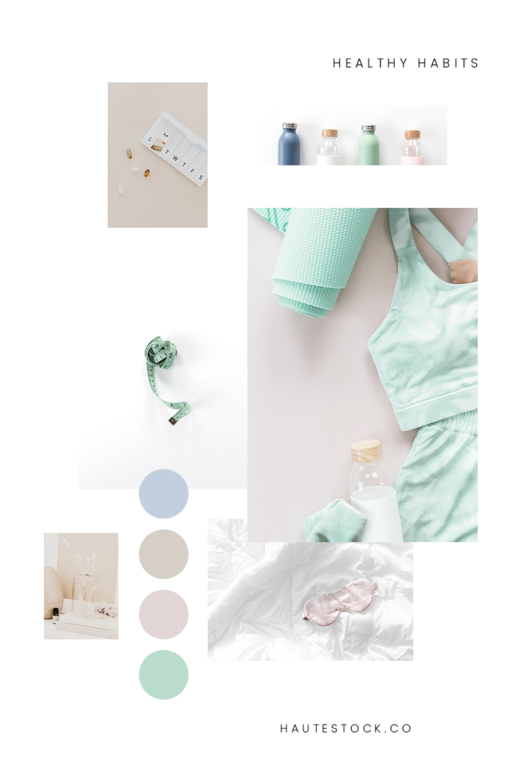 Blush, mint green, navy and white health and wellness images picturing healthy habits: water bottles, fitness apparel, yoga mats, measuring tapes, vitamins, sleep routines, relaxation, and self-care.