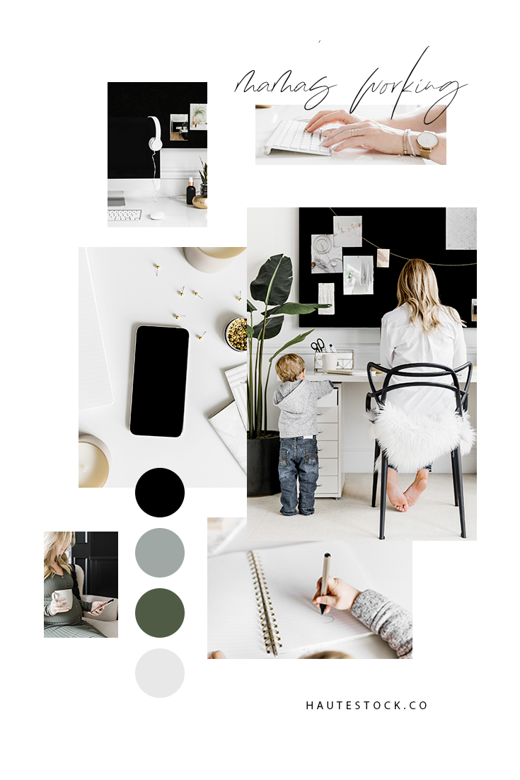 Mom working from home styled stock photography. Minimal + modern featuring a color palette of black, white, grey, blue and green. For all those working mom's working from home.