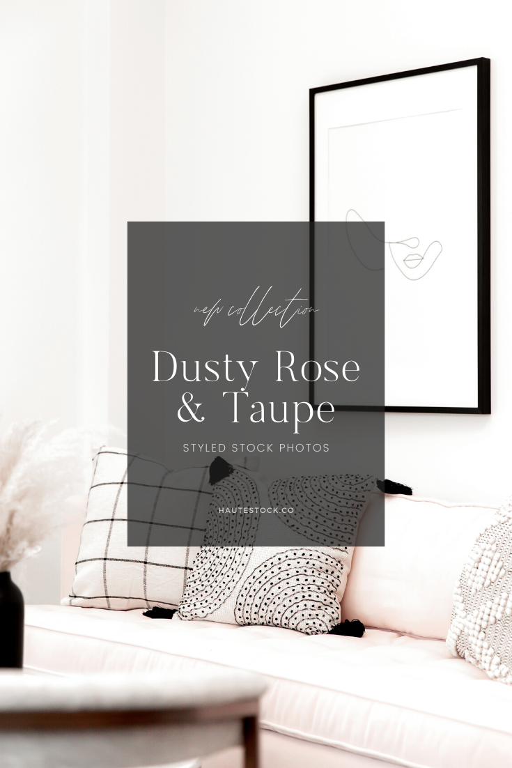 Feminine & sophisticated dusty rose & taupe workspace styled stock photography for women business owners.