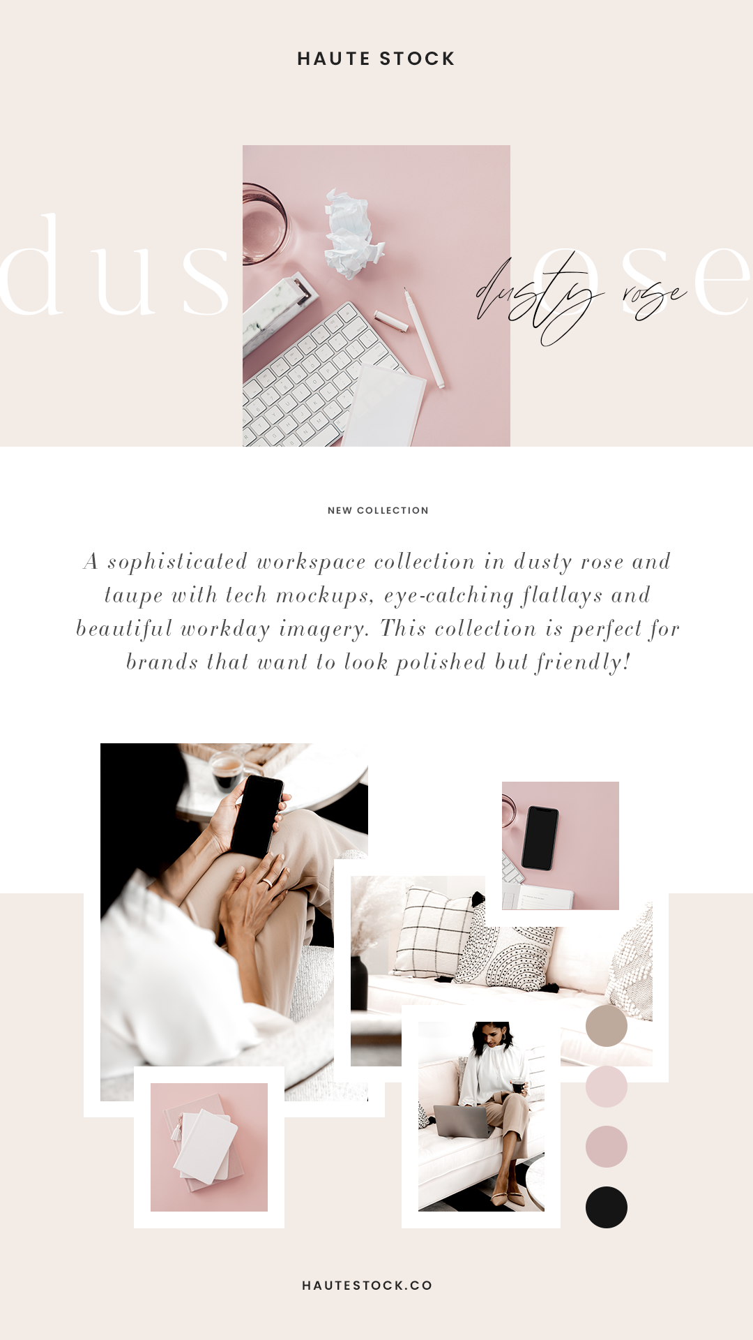 Dusty rose and taupe feminine styled stock photos. Workspace stock imagery. Pink office stock photos. Woman with dark skin working in beautiful feminine styled office space. Pink background workspace stock imagery from Haute Stock.