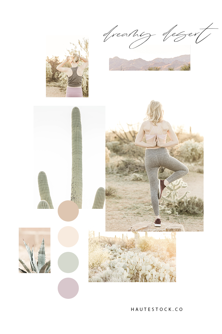 Serene, calming, mindfulness, health & wellness sage green, peach & mauve styled stock photography in the desert from Haute Stock.