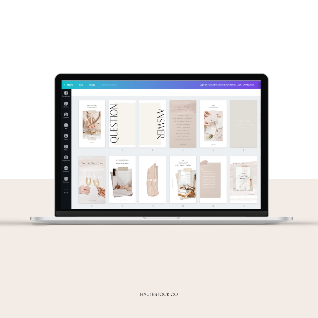 Editable Canva templates that are included with a Haute Stock Membership shown here in a neutral branding platte. New customizable Canva templates are added to the Haute Stock subscription every month!