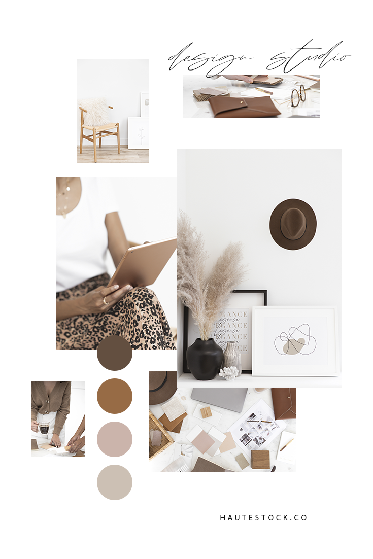 Creative workspace images featuring a design studio, fashionable creatives, creative planning and interior decor images in a neutral, warm color palette.
