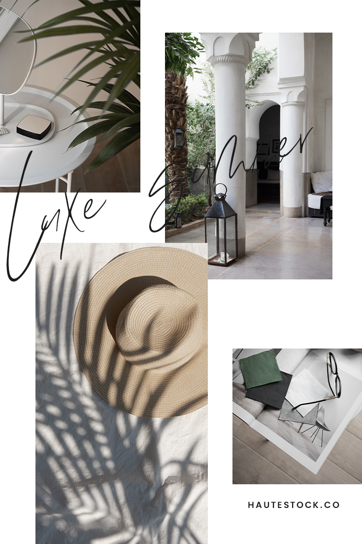 Luxe, sleek, modern summer interior, workspace and lifestyle images for female entrepreneurs featuring green, grey, black and creams.